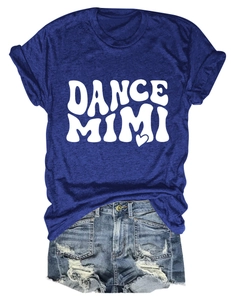 Flat lay of navy blue crew neck T-shirt with DANCE MIMI print and denim shorts