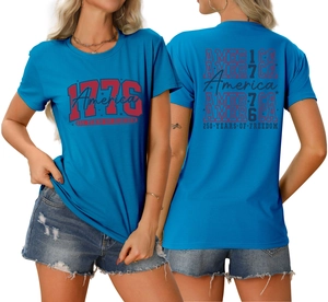 Detail view of blue cotton T-shirt featuring 1776 America freedom print front and back