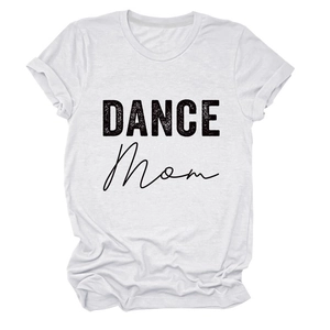 Close-up of white cotton T-shirt featuring black DANCE Mom artistic typography print