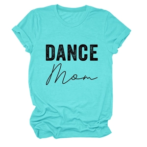 Detailed view of the teal crewneck cotton t-shirt with black DANCE Mom graphic print