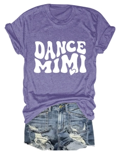 Flat lay of purple cotton T-shirt with 'DANCE MIMI' print and frayed denim shorts