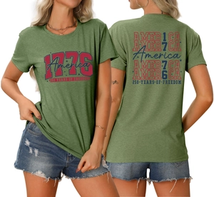 Detail of 1776 America 250 Years of Freedom print on olive green crew neck T-shirt