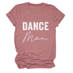 Detail of mauve pink cotton t-shirt with DANCE Mom white print and rolled sleeve cuff