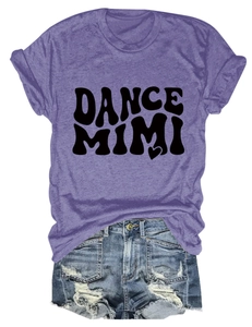 Purple crewneck tee with DANCE MIMI print paired with distressed denim shorts