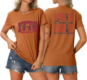 Front and back views of burnt orange 1776 America 250 Years of Freedom vintage T-shirt