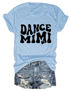 Close-up of light blue cotton T-shirt featuring black DANCE MIMI script and heart print