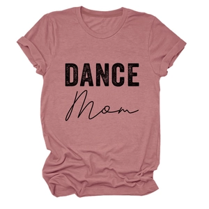 Detail of rose pink short sleeve T-shirt featuring DANCE Mom glitter print lettering