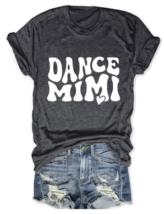 Close-up of DANCE MIMI printed grey cotton T-shirt with distressed denim shorts set
