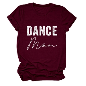 Detailed view of burgundy crew neck T-shirt with white DANCE MOM print and folded sleeves