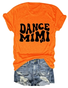 Bright orange crew neck T-shirt with DANCE MIMI print paired with ripped denim shorts