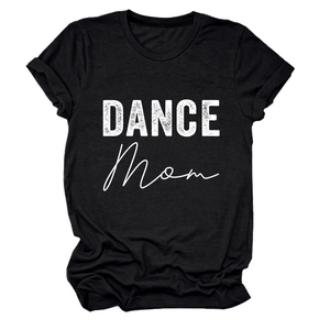 Close-up of DANCE MOM print on black cotton t-shirt with crew neck and folded sleeves