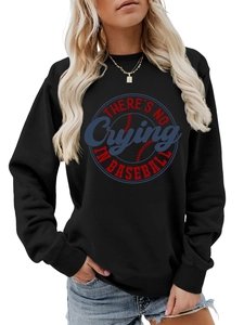 Detail of There's No Crying in Baseball vintage graphic print on black cotton sweatshirt