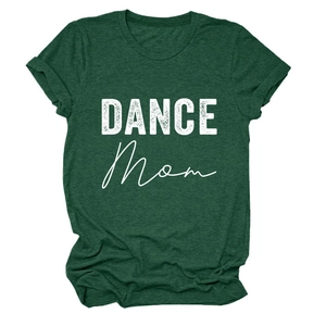 Detail of dark green cotton T-shirt featuring white DANCE Mom print and round neck