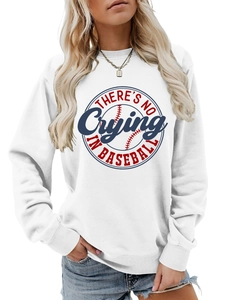 Detail of white crewneck sweatshirt with baseball themed print and comfortable fabric