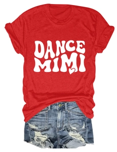 Detail of red crew neck T-shirt with white Dance Mimi print paired with denim shorts