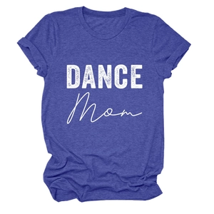 Detail of the white DANCE MOM print on a blue cotton short sleeve t-shirt surface
