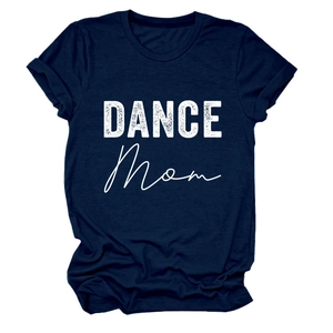 Detail of navy blue cotton t-shirt featuring white DANCE Mom print and rolled cuffs