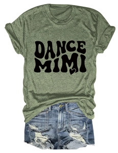 Detailed flat lay of army green cotton T-shirt with black Dance Mimi slogan and heart print