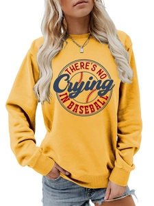 Detail of a bright yellow baseball graphic sweatshirt with clear circular text print