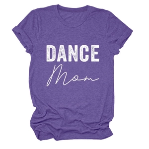 Detail of rolled cuffs and vintage Dance Mom print on heather purple cotton t-shirt