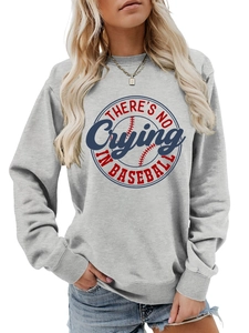 Detail of grey crewneck sweatshirt featuring There's No Crying In Baseball graphic