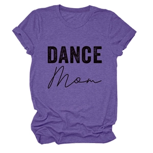 Close-up of DANCE MOM printed purple T-shirt with fixed rolled sleeves and soft fabric