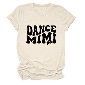 Close-up of beige crew neck t-shirt with black Dance Mimi text and heart print