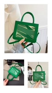 Détail d'un sac à main en cuir PU vert avec fenêtre PVC transparente et poignée ronde