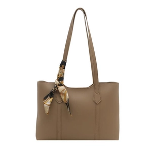 Classic khaki tote bag with parallel stitching and vintage print silk scarf accessory
