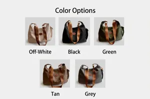 Collage of nylon tote bags in white, black, green, khaki, and grey with wide brown straps