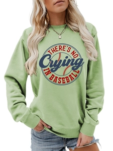 Detail of sage green sweatshirt collar and blue baseball print with red stitching
