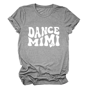 Detail of grey crewneck T-shirt showing DANCE MIMI print and soft cotton fabric texture