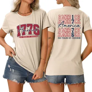 Women Cotton Blend T-Shirt 1776 America Freedom Round Neck Short Sleeve Double Sided Printed Vintage Style