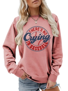 Close-up of pink crewneck sweatshirt with There's No Crying In Baseball graphic print
