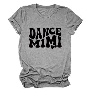 Detail of grey crewneck T-shirt showing Dance Mimi letter print and heart pattern texture