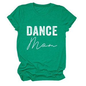 Detail of green DANCE MOM t-shirt showing crew neck and folded sleeve stitching
