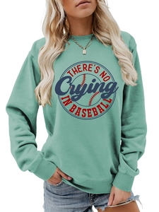 Detail of mint green sweatshirt with retro 'There's No Crying In Baseball' graphic print