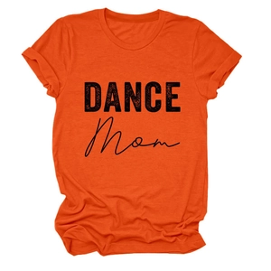 Detail of the vibrant orange crew neck T-shirt with black DANCE Mom printed text