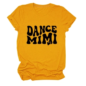 Detail of mustard yellow cotton T-shirt featuring DANCE MIMI print and heart graphic