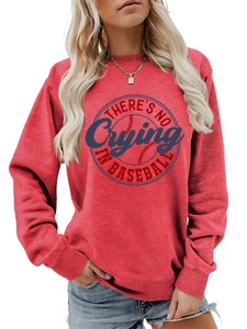 Detail of red crewneck sweatshirt featuring There's No Crying In Baseball vintage print