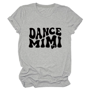 Detail of soft cotton fabric and DANCE MIMI print on a grey casual short sleeve T-shirt