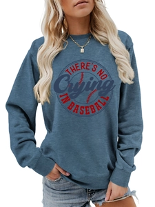 Detail of blue-gray sweatshirt with There's No Crying In Baseball vintage print