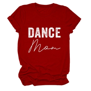 Close-up of DANCE MOM print on a red crew neck cotton short sleeve T-shirt for women