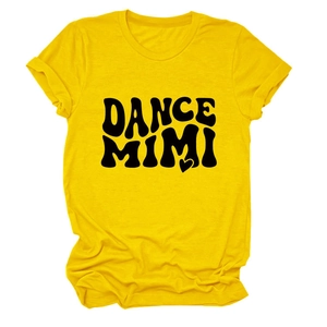 Close-up of bright yellow cotton T-shirt featuring DANCE MIMI print and rolled sleeves