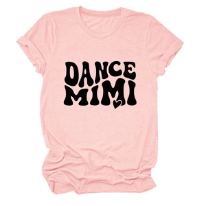 Flat lay of light pink crew neck T-shirt featuring black DANCE MIMI heart print detail
