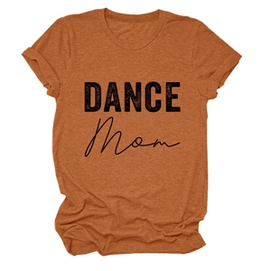 Close-up of burnt orange DANCE MOM t-shirt with black screen print and cotton texture