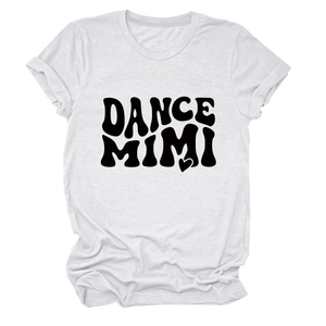 Detail of white cotton T-shirt featuring DANCE MIMI black art lettering and heart icon
