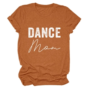 Detail of rolled cuffs and vintage Dance Mom print on rust-colored cotton t-shirt
