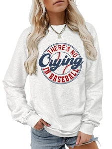Detailed view of the baseball theme print on a grey casual round neck sweatshirt