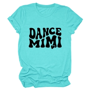 Detail view of cotton t-shirt collar and DANCE MIMI graphic print in blue hue